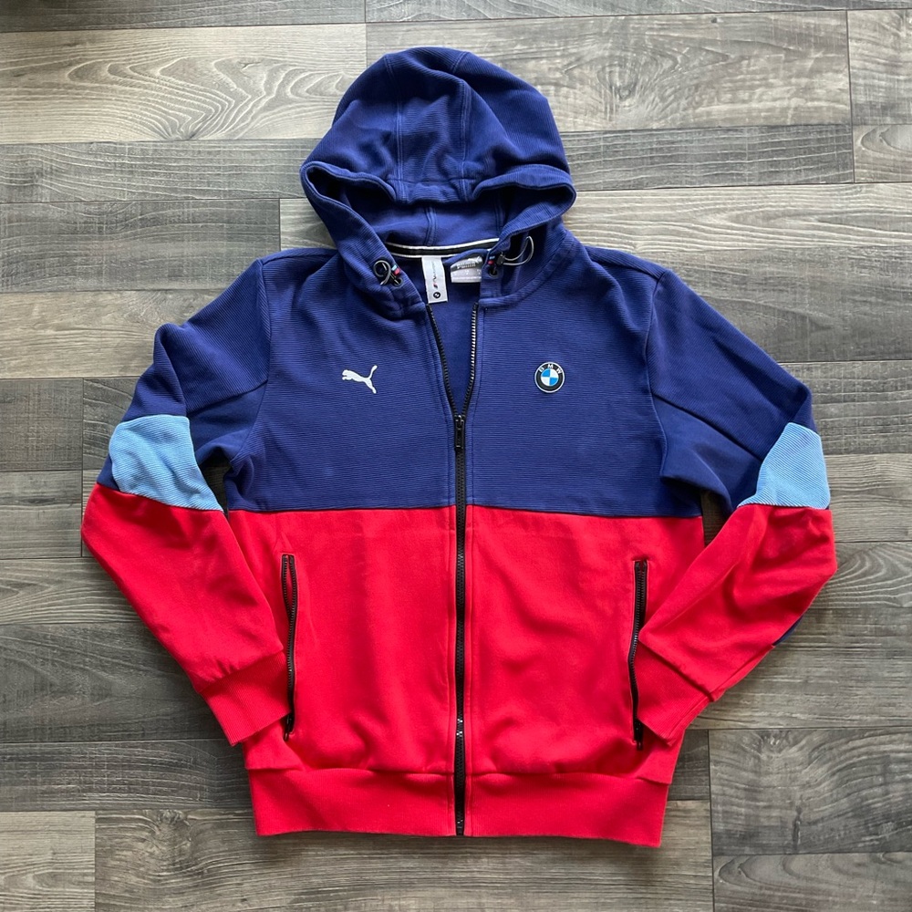 Puma BMW Motorsport Hooded Sweatshirt Men’s SMALL Blue Red Full Zip